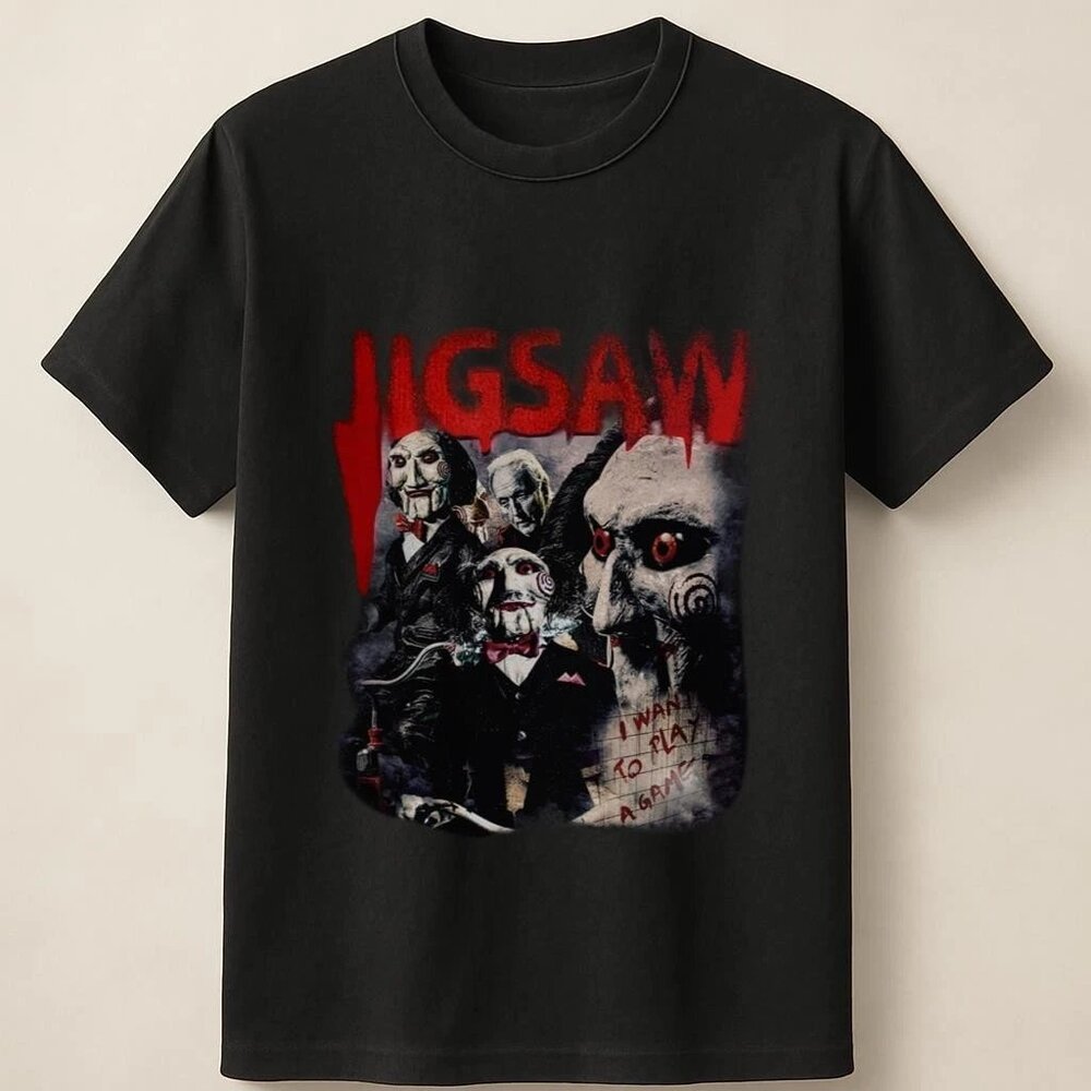 Jigsaw Creepy Puppet Horror Scary Dark Art Bold Graphic T Shirt 166
